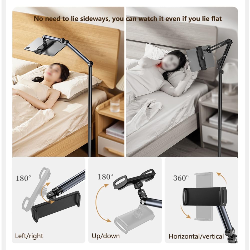 Soporte de Suelo para Tableta con Base de Doble Peso, Giratorio 360 Grados, de Metal, con Brazo Largo Flexible para la mayoría de teléfonos móviles y tabletas (4-13 Pulgadas)