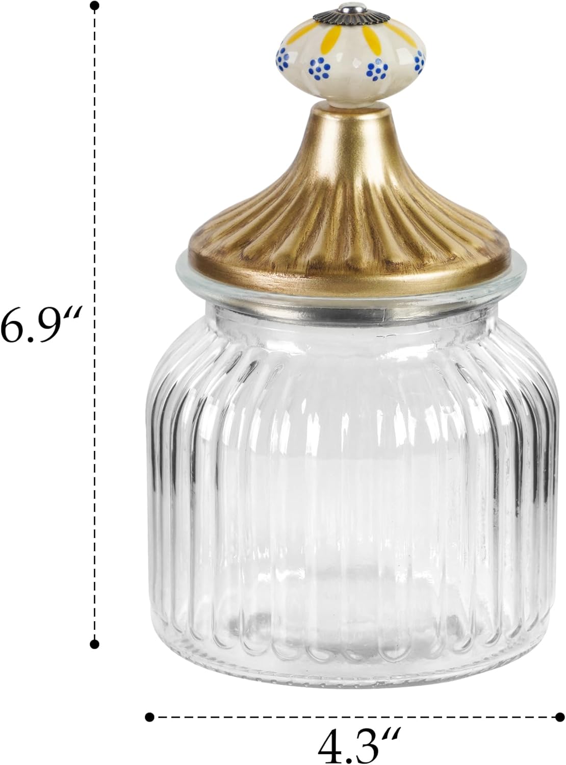 Set of 2 Glass Storage Canister with Gold Lid, Decorative Kitchen Container for Countertop, Tea Coffee Sugar Ribbed Clear Glass Jar with Ceramic Handle