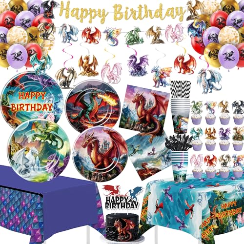 HOAKWA Dragon Birthday Party Decorations Magical Fantasy World Flying Dragon Party Supplies Plate Cup Cutlery Napkin Tablecloth Banner Swirls Cake Topper Balloon Cutlery Straw Serve 24