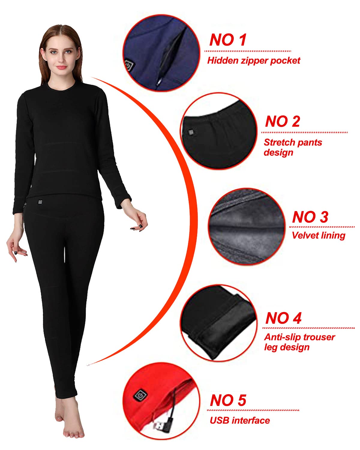 Sous-vêtements thermiques pour femmes, leggings pour femmes de neige ? Ensemble de sous-vêtements thermiques chauffants pour femmes pour USB rechargeable