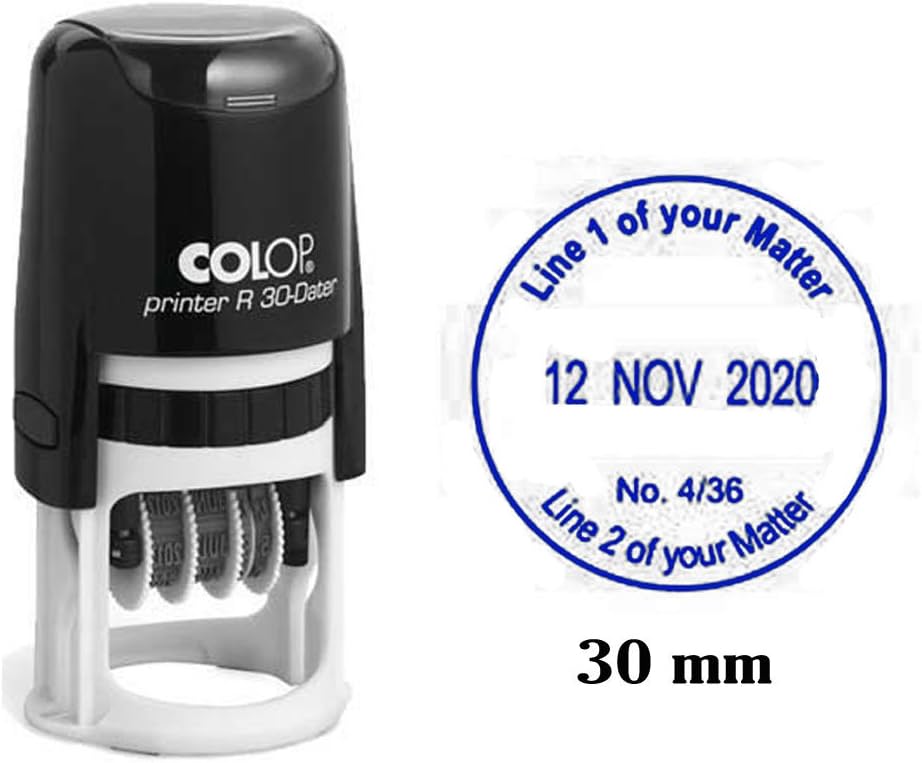 Self Inking COLOP R30 Round Custom Rubber Stamp with Date Personalized Office Stamper - Dater Stamp - Blue Ink