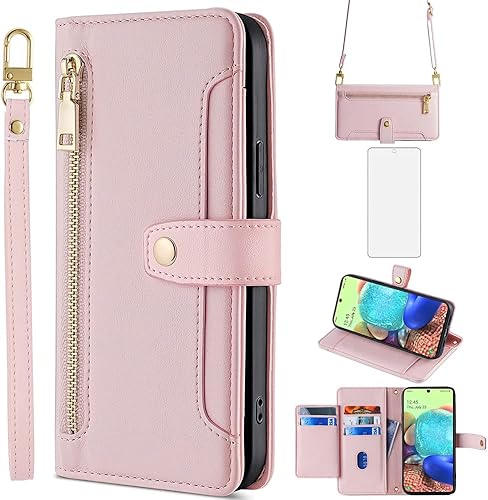 Asuwish Funda de teléfono para Samsung Galaxy A71 5G Funda tipo cartera y protector de pantalla con cremallera de cuero con tapa para tarjeta de