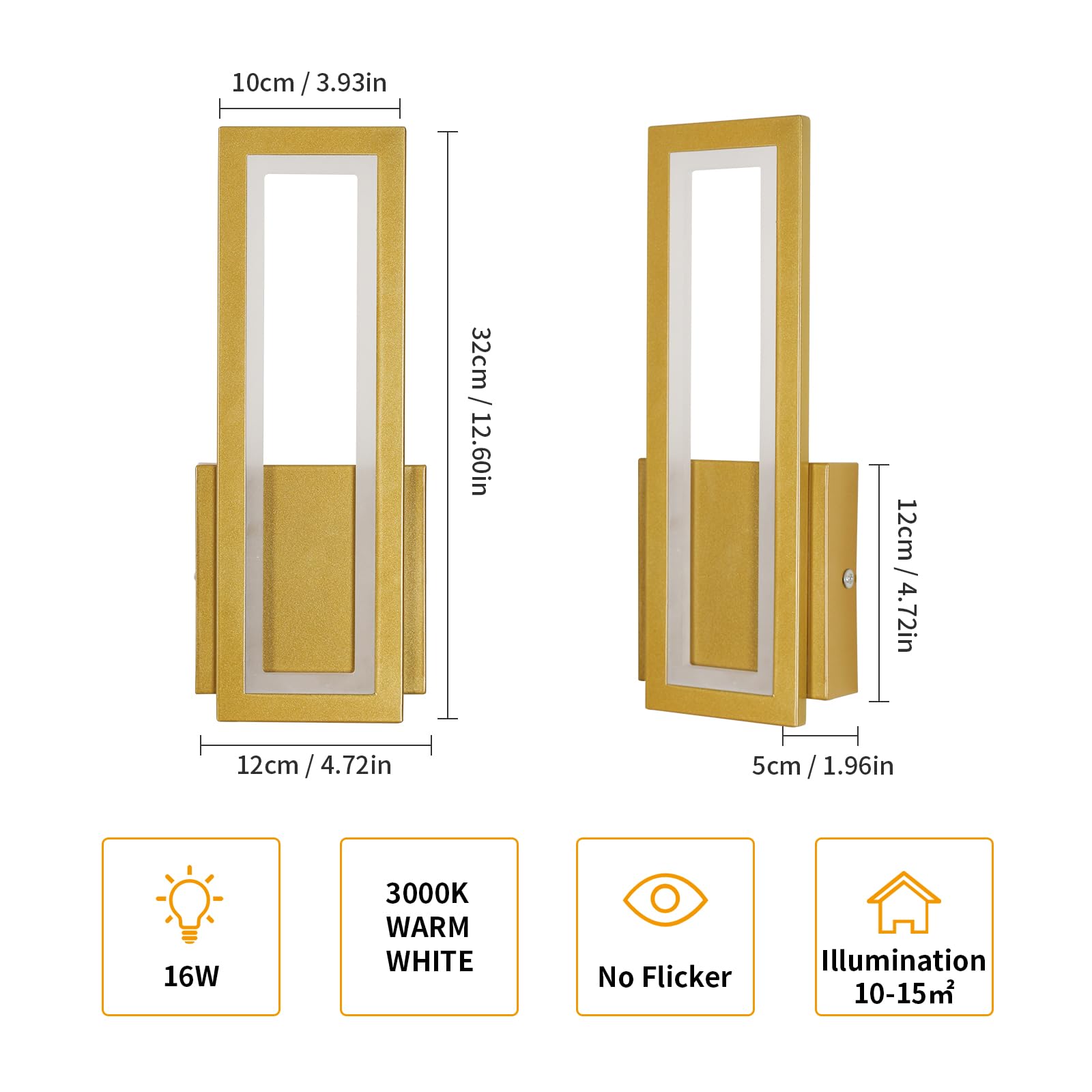 Osairous Applique LED da Parete Interno, 16W 2000LM Lampada da Parete Moderno in Acrilico, Lampada a Muro Oro Corridoio Luce Calda 3000K per Soggiorno, Camera da Letto, Studio, Balcone, 32CM