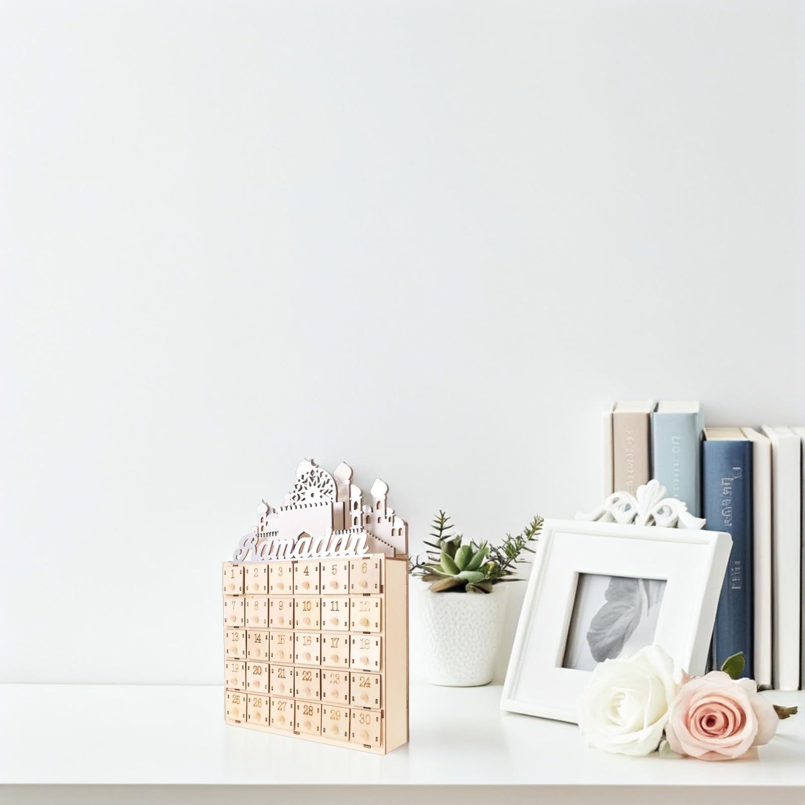 STOBAZA Calendario de Cuenta Regresiva para Ramadán con 30 Cajones de Madera y Luz Led, Decoración Beige Hogar y Festival de Eid Mubarak