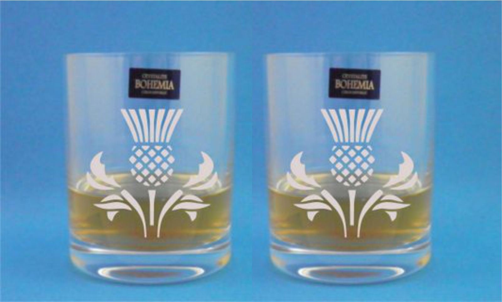 Pair of Bohemia Crystal Whisky Glasses With Scottish Thistle Design with gift box - Includes Engraving up to 30 Characters