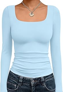 Womens Long Sleeve Shirts Crop Tops Fall Fashion Solid Square Neck Going Out Basics Tees Y2k Clothes