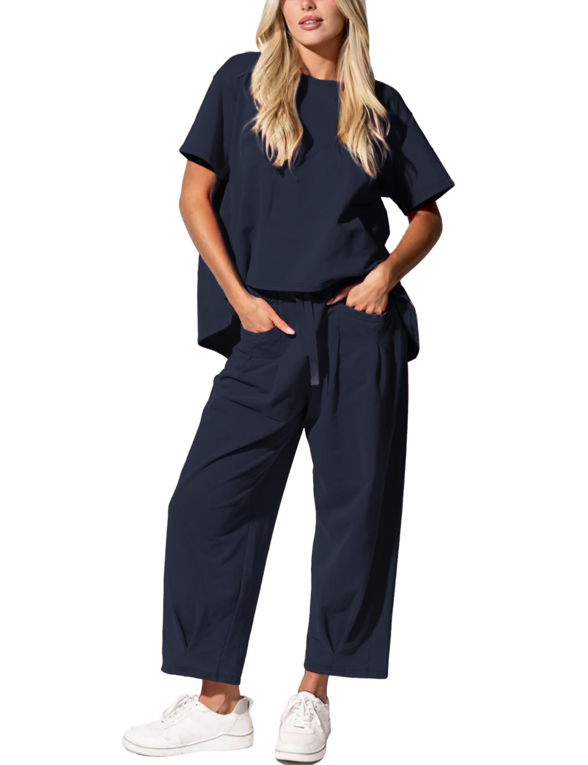 Womens Lounge Set 2 Piece Short Sleeve Top Barrel Wide Leg Pants Comfy Matching Travel Outfit