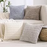 All Smiles Couch Decorative Throw Pillow Covers 18x18 Set of 4 Neutral Winter Farmhouse Rustic Boho Home Decor Soft Plush Striped Corduroy Square Cushion Case for Living Room Bed SOFE