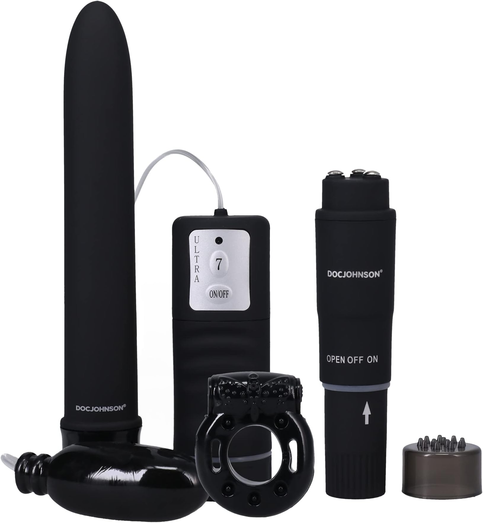 Doc Johnson Black Magic - Pleasure Kit - 7 Inch Vibe, Bullet Vibe, Pocket Rocket, Vibrating C-Ring - Black