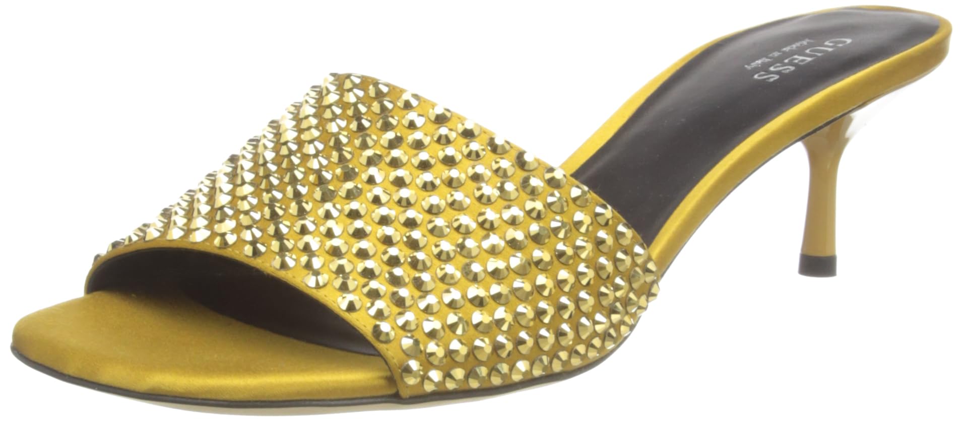 GUESS Women’s EUGY Stiletto Heel Sandal Suede Swarovski Gold UK 3