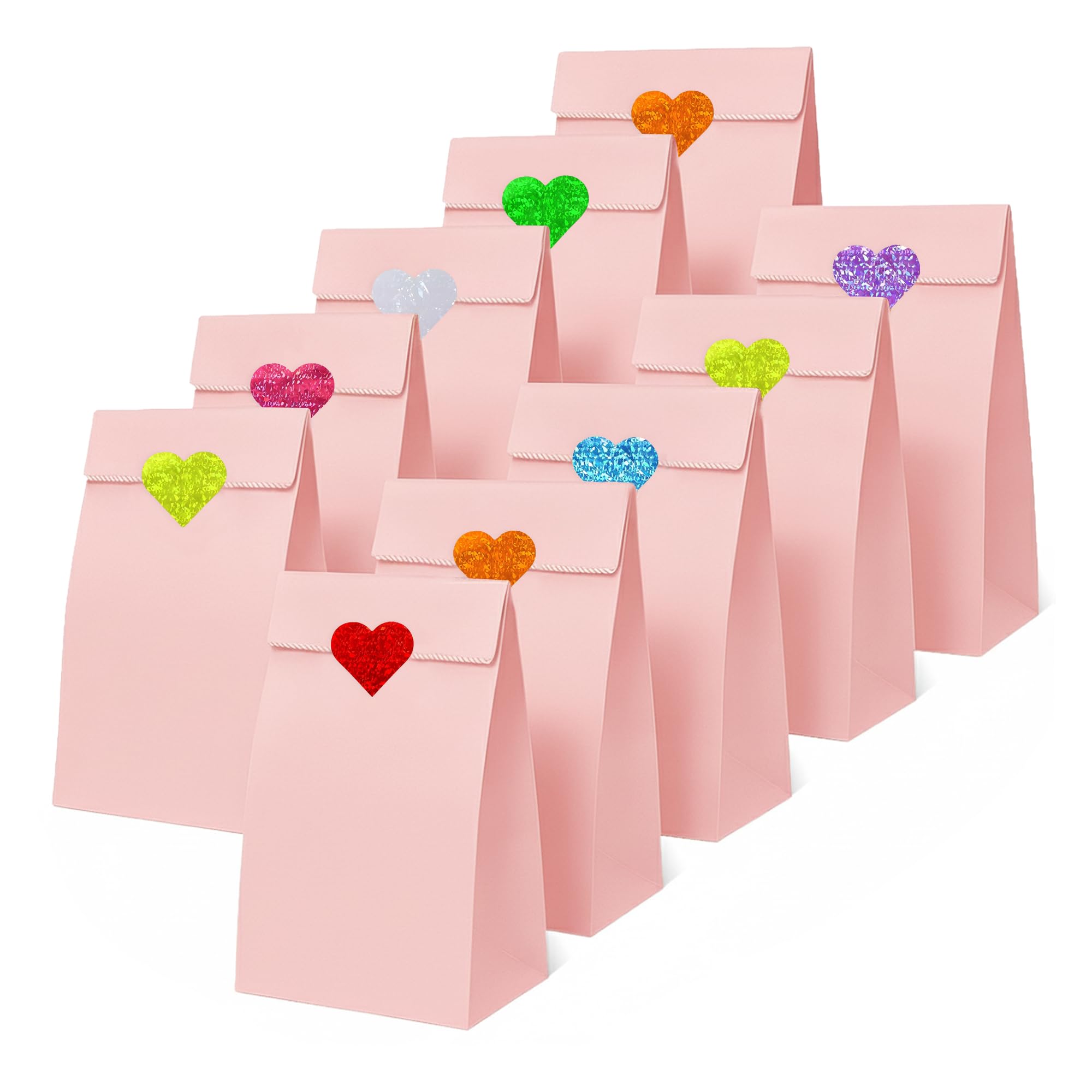 Thepaperbagstore 50 Baby Pink Party Bags + 50 Heart Stickers, Kids Party, Gift, Craft and Sweet Bags – 140x245x70mm