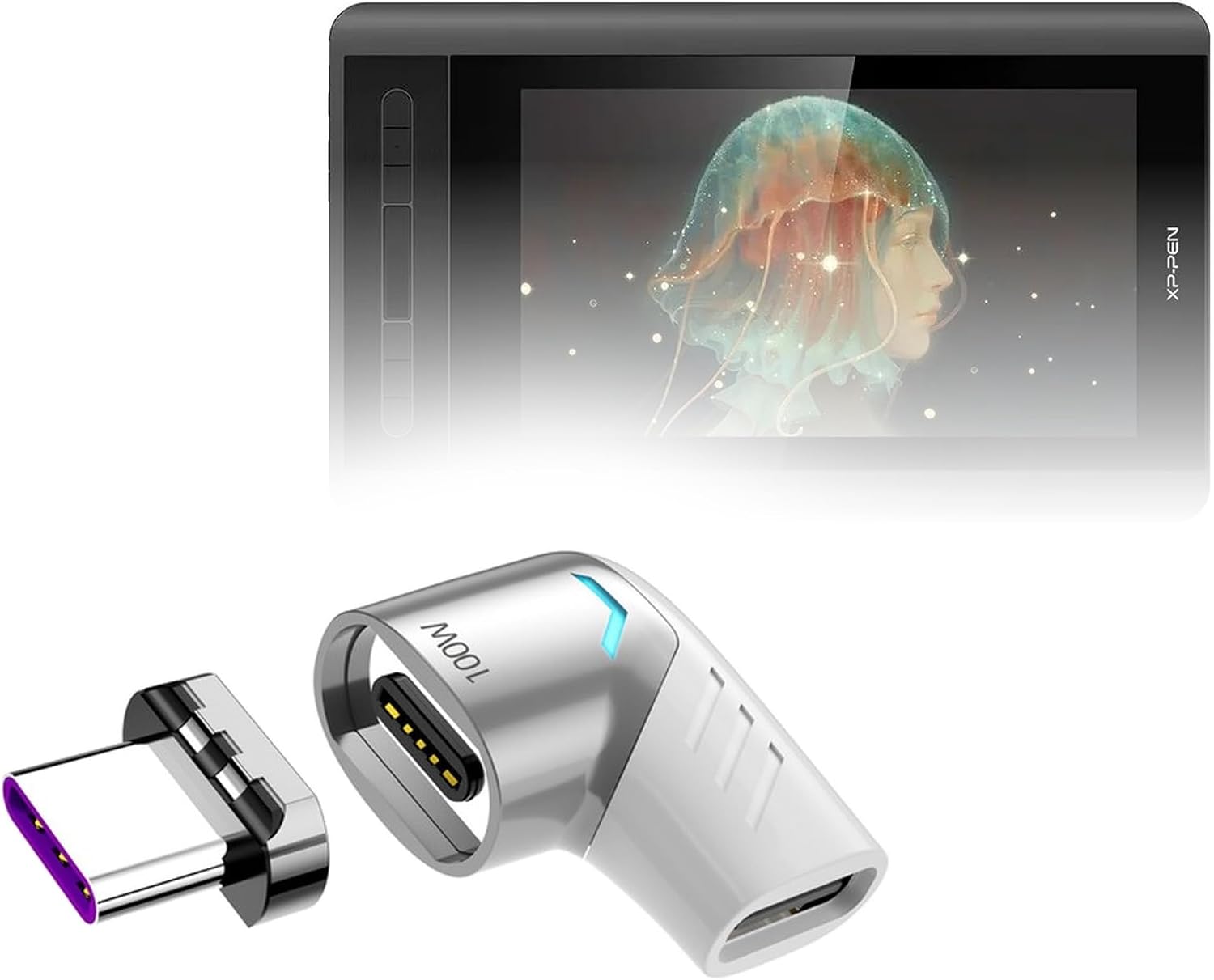 BoxWave Adapter Compatible with XPPen Artist 12 3rd Drawing Tablet (11.9 in) - MagnetoSnap PD Angle Adapter, Magnetic Charging Connector Device Saver - Metallic Silver