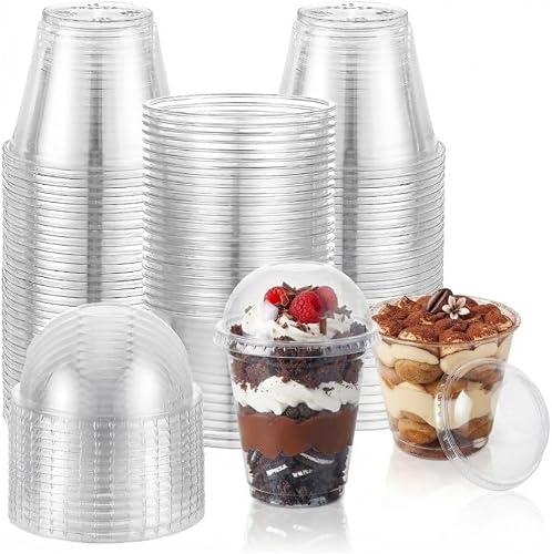 25Pcs Plastic Dessert Cups with Dome Lids – 150ml Clear Parfait Cups Reusable Serving Bowls for Pudding, Mousse, Party Desserts (8.5cm x 7cm)