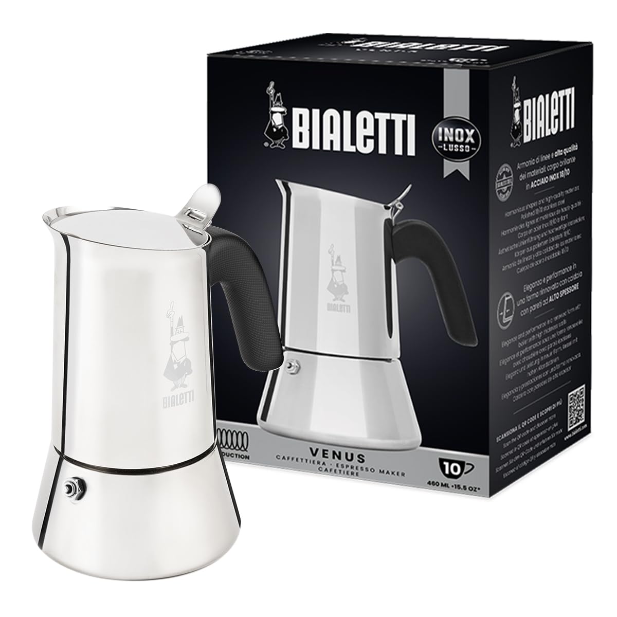 Bialetti - New Venus Induction, Stovetop Coffee Maker, Suitable for all Types of Hobs, Stainless Steel, 10 Cups (15.5 Oz), Silver