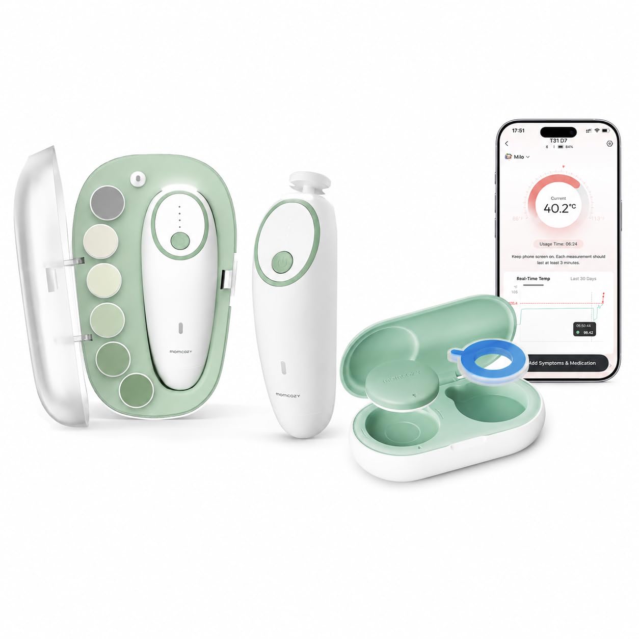 Momcozy T31 Termometro Digital Bebe con Precisión de Grado Médico Lectura Instantánea, NC02 Cortauñas Eléctrico para Bebés con 7 Cabezales de Pulido de Repuesto
