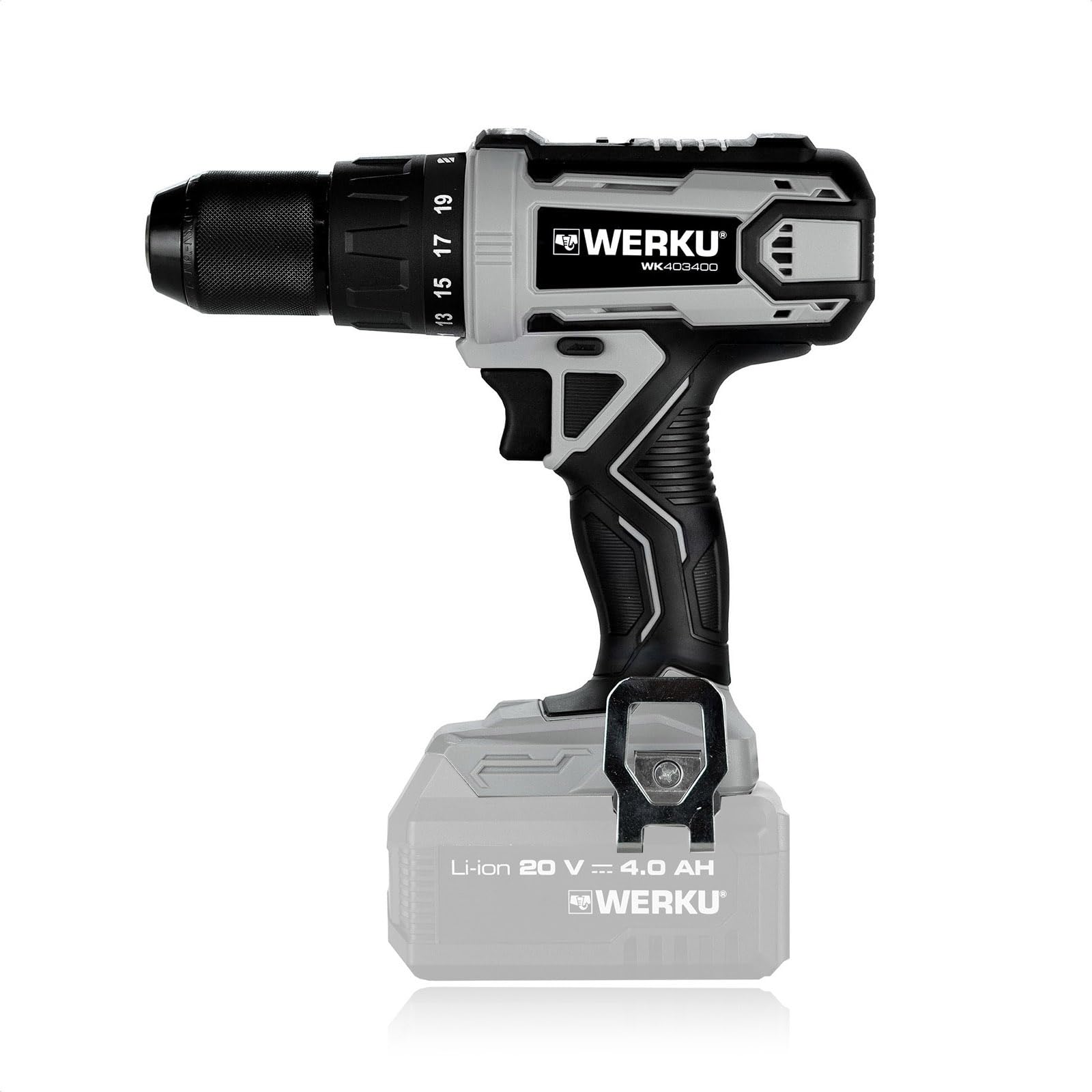 Werku WK403400, Taladro Atornillador-Percutor Inalámbrico, Calidad Profesional, Potencia 20 V, Función Atornillado y Taladrado Con Percusión, No Incluye Batería y Cargador