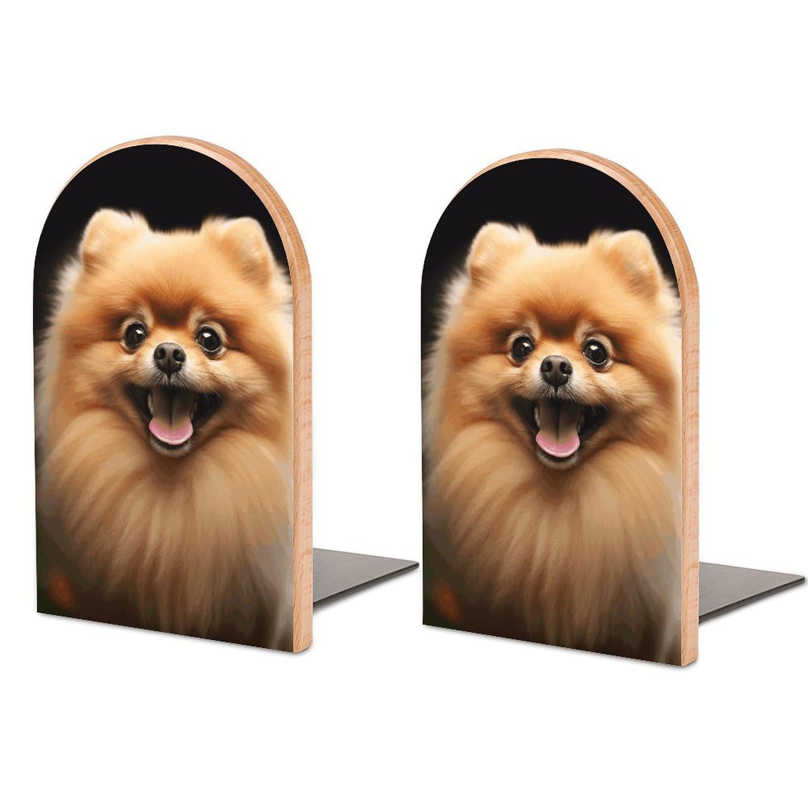 Beech Wood Book Ends Pomeranian Printed Bookend for Shelves Home Decorative Bookends for Heavy Books for Office Bookshelves