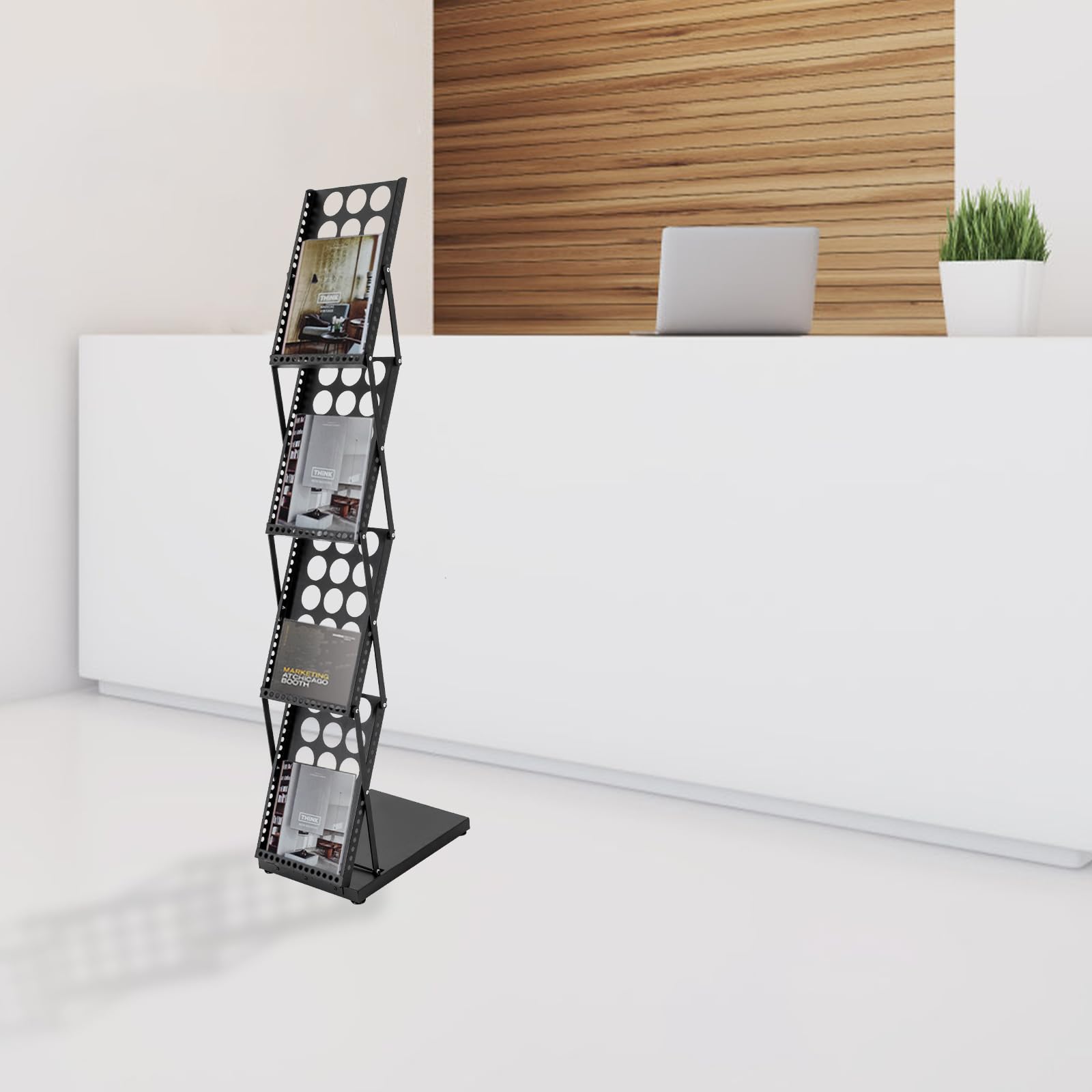 WooDerson Faltbarer Prospekthalter A4, 4-stufig, Eisen, schwarz, Boden | Montagefrei, rostfrei, 4-stufig, belüftet. für Büro, Bibliothek, Wartezone, Messe.