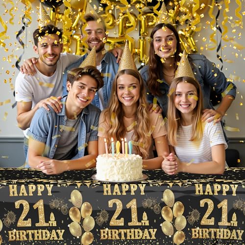 Image of Labeol 3 Pack 21st Birthday Tablecloth, Black and Gold Happy 21st Birthday Decorations, Disposable Plastic Rectangular Table Cover Party Supplies for Boys Girls