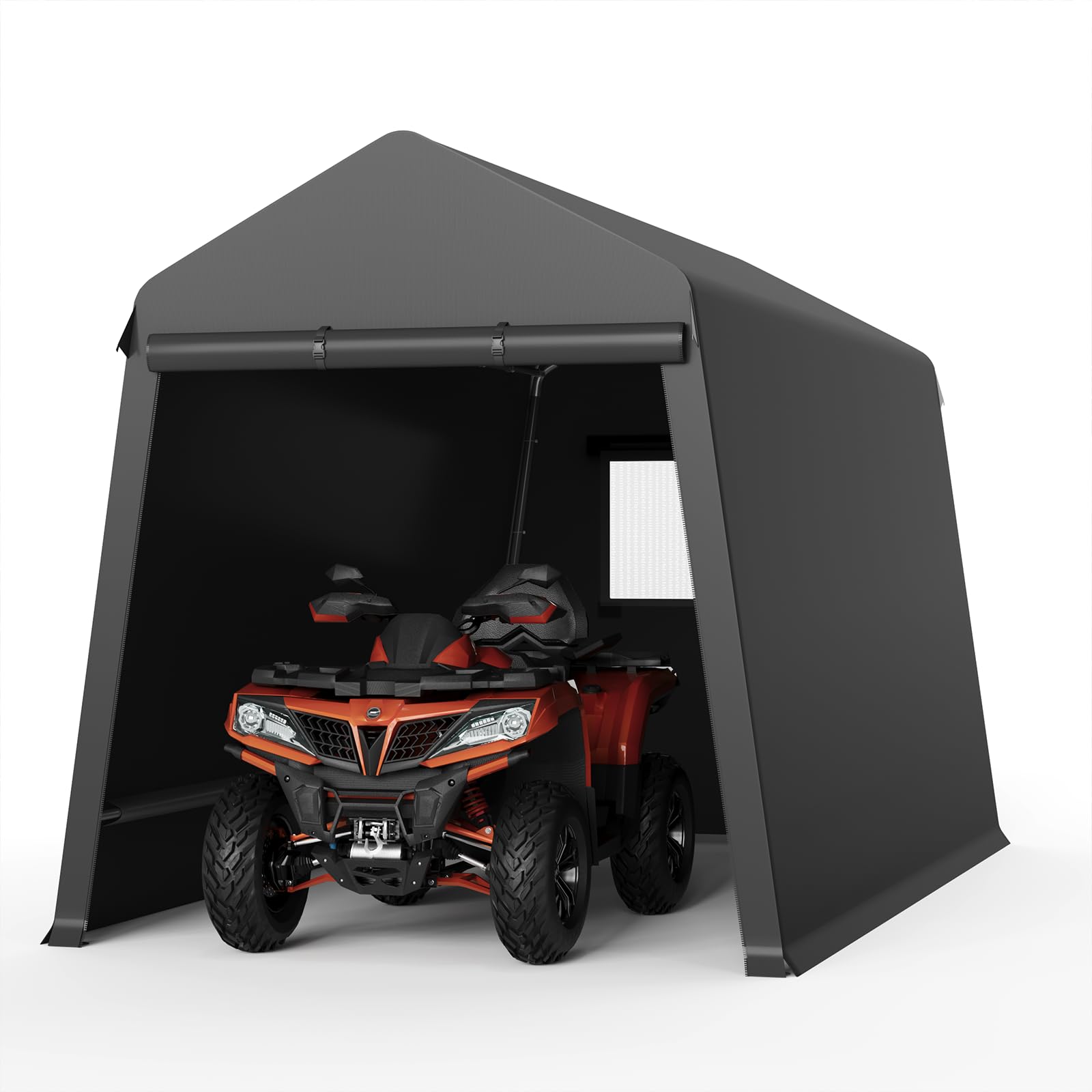 GarveeLife 7x12 ft outdoor storage shed with gardening tools and a lawnmower stored inside.