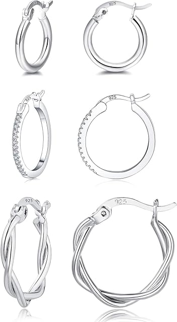EPVOA Silver Hoop Earrings for Women, 925 Sterling Sliver Hoop Earrings for Girls, Hypoallergenic Hoop Earrings Set, Silver Hoops Earrings for Men