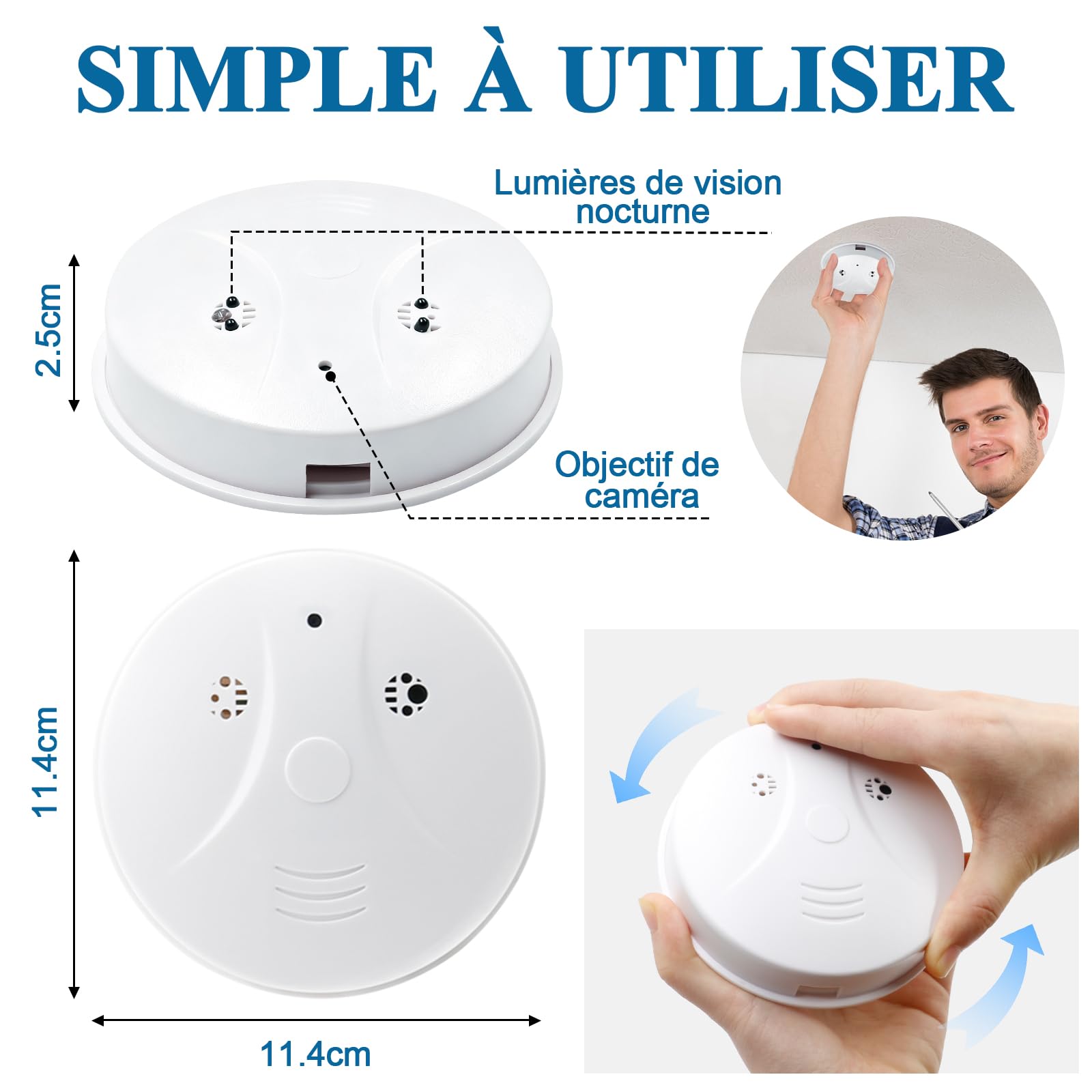 Caméra Cachée WiFi 2,4 et 5G, Caméra Espion WiFi Détecteur de Fumée, Mini Camera Espion Cachée HD 1080P avec Vision Nocturne et Détection de Mouvement pour la Sécurité Domestique