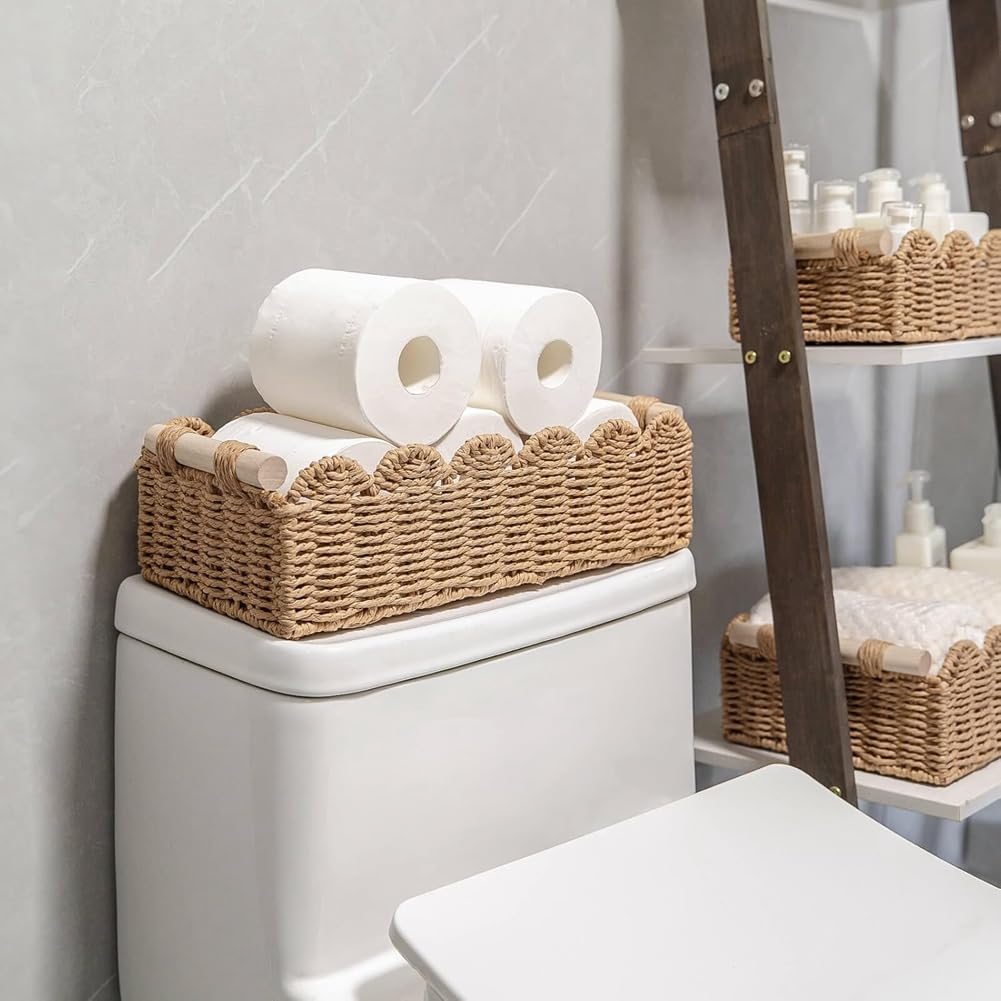 Juego de 2 cestas de almacenamiento trenzadas con cesta de mimbre decorativa ondulada para almacenamiento sobre el inodoro, estante para estantería, habitación de los niños.