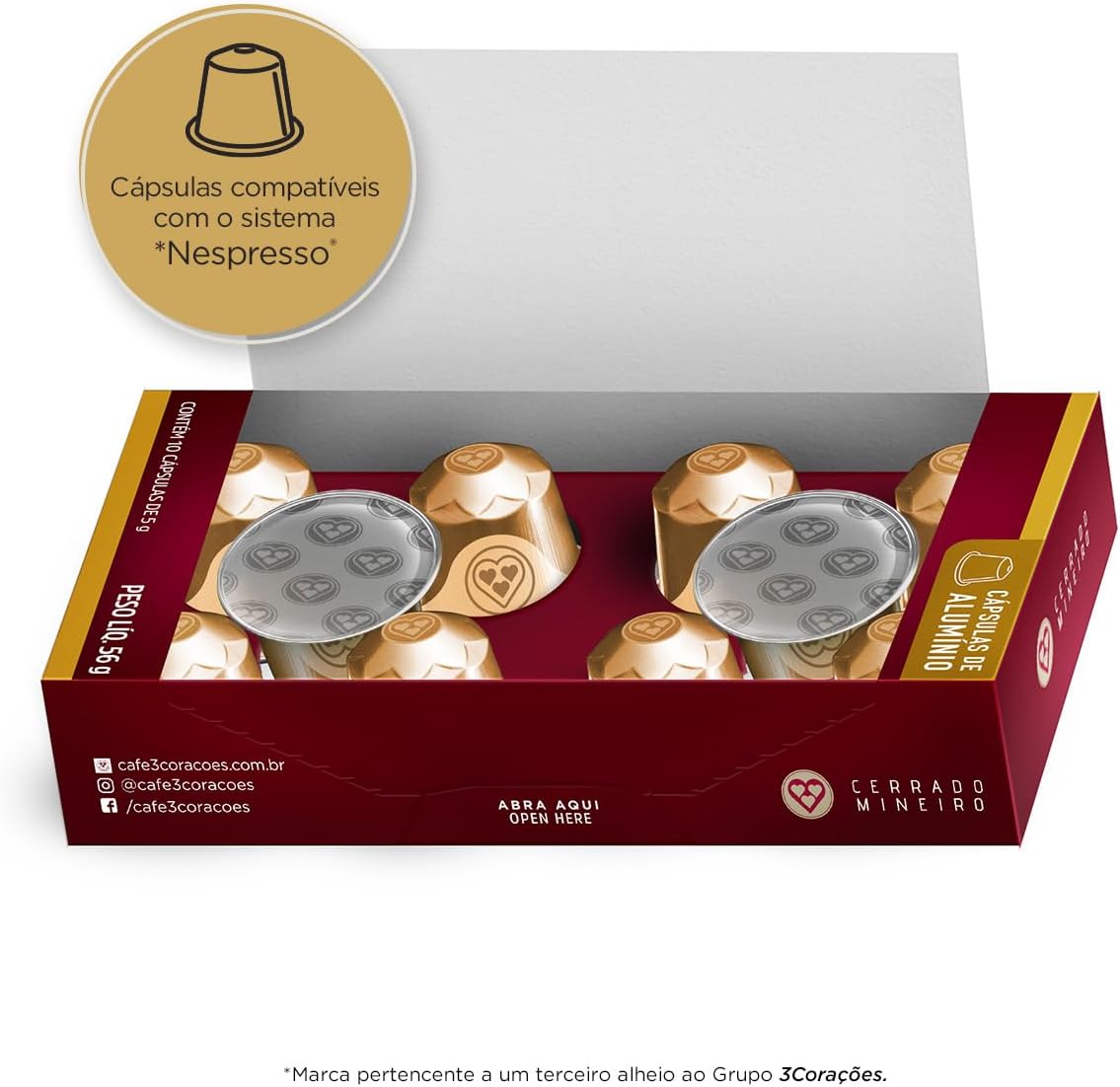 3 Corações Cápsulas de Café Cerrado Mineiro, Compatíveis com Nespresso, contém 10 cápsulas