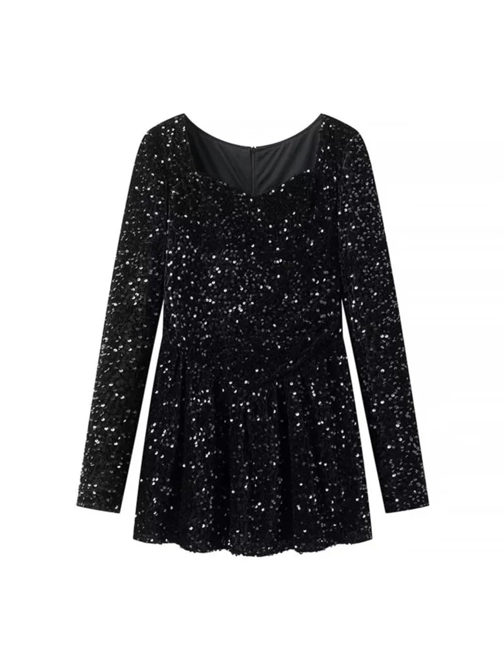 Fulbant Vestido de fiesta con lentejuelas para mujer, cuello corazón, manga larga, ajustado, vestido corto acampanado