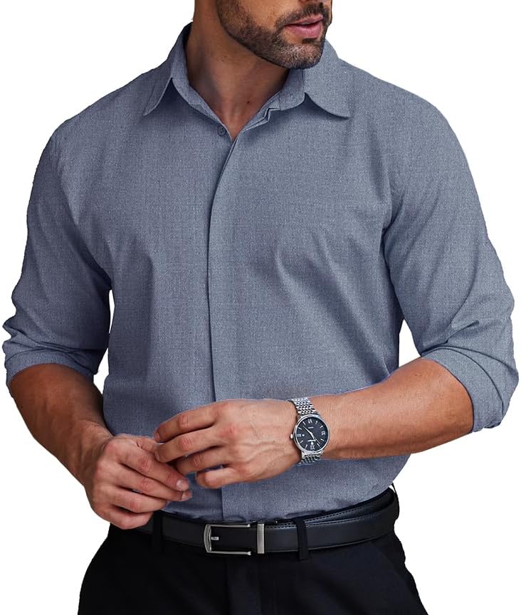 COOFANDY Men's Formal Dress Shirt Hidden Button Front Wrinkle Free Shirt Regular Fit Stretch Business Casual Shirts