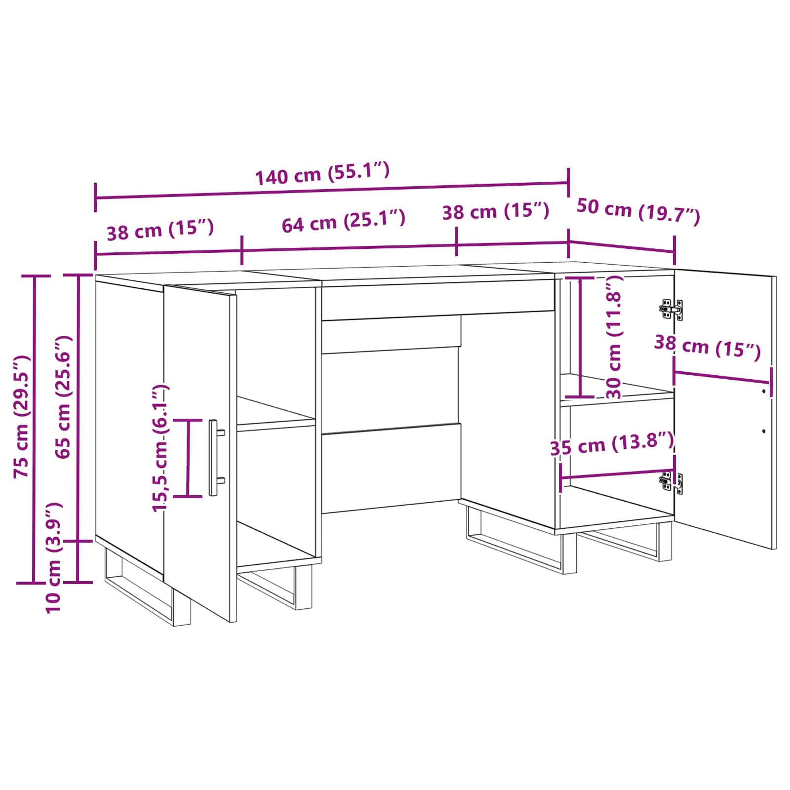Scrivania in legno di quercia Artisan, 140 x 50 x 75 cm, con vano portaoggetti, scaffale e ante, ergonomica, per ufficio, casa, lavoro al computer, PC, laptop, segretario e gaming
