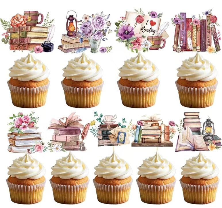 36 Pcs Floral Book-Themed Cake Decorations, Vintage Book-Themed Cupcake Decorations, Reading Party Decorations, Decorations for Birthdays, Book Clubs and Library Parties