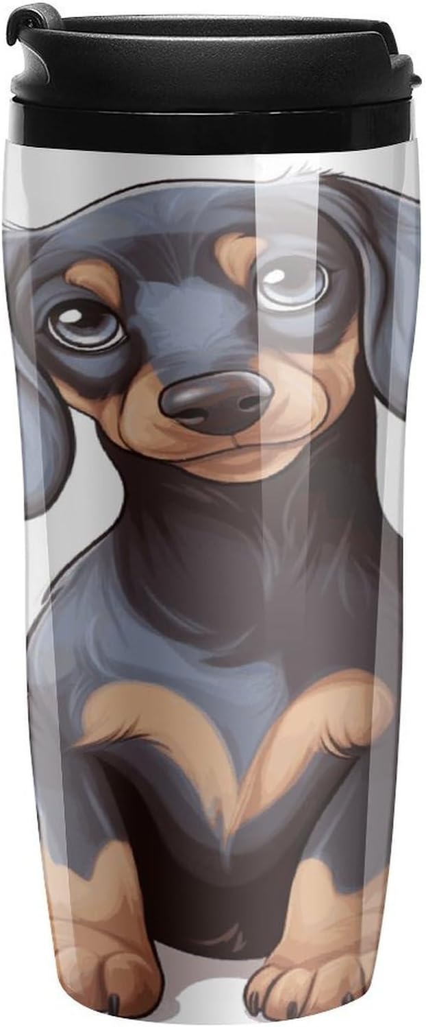 Cute Dachshund Coffee Cup Reusable Portable Water Bottle with Double-Walled Plastic,Coffee Mug for Hot & Cold Drinks, Cup Holder Friendly 350ml
