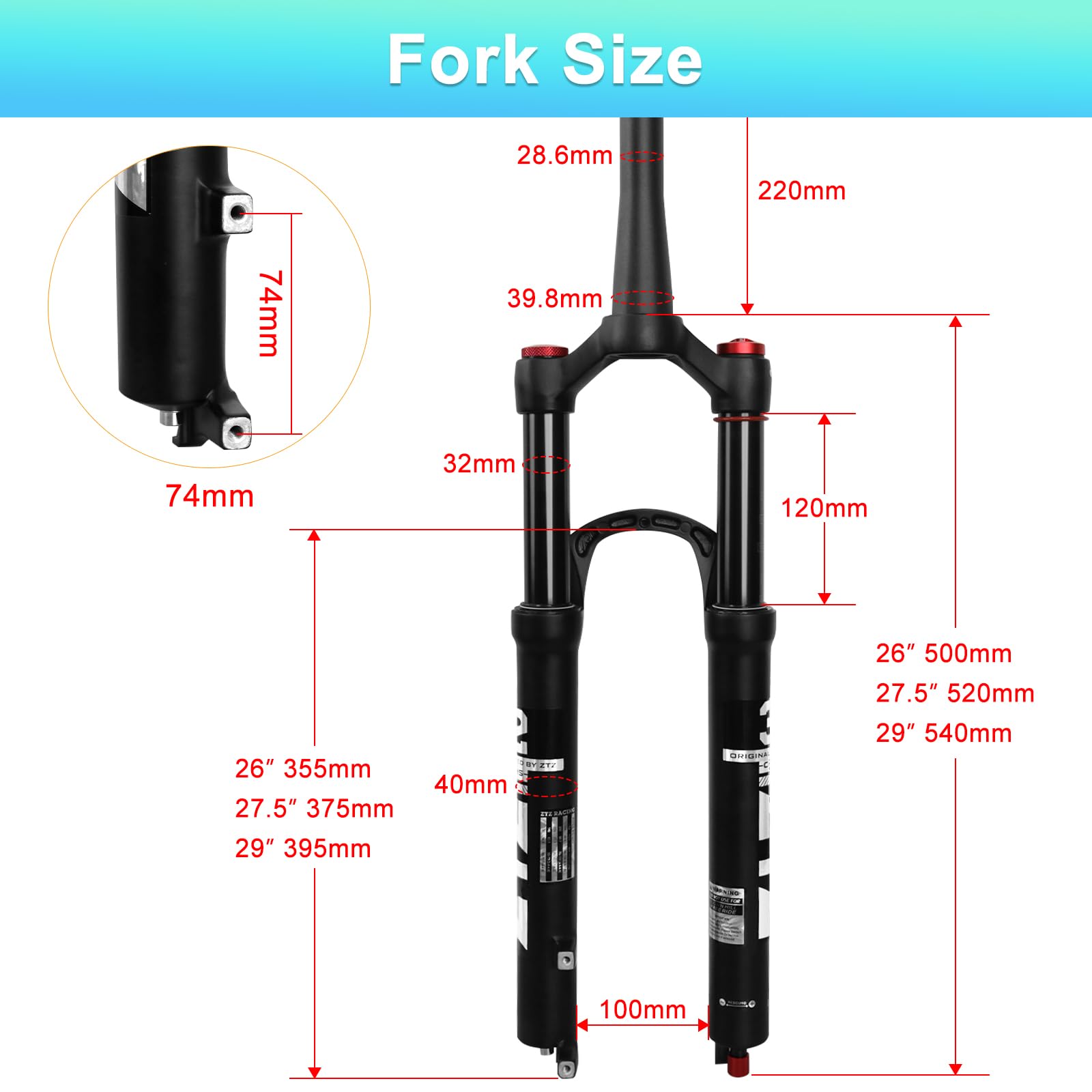 ZTZ 26/27.5/29 inch MTB Air Suspension Fork, 1 1/8 to 1.5 inch
