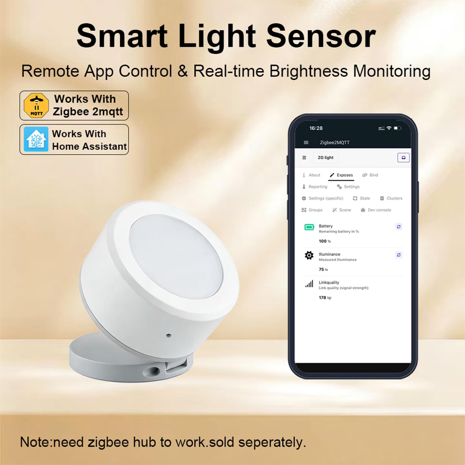 Haozee ZigBee Lichtsensor, ZigBee-Beleuchtungsstärkesensor | 0–157.000 Lux,CR2450-Batterie , Mini-Größe 33 × 33 × 20 mm, kompatibel mit Home Assistant Zigbee2mqtt