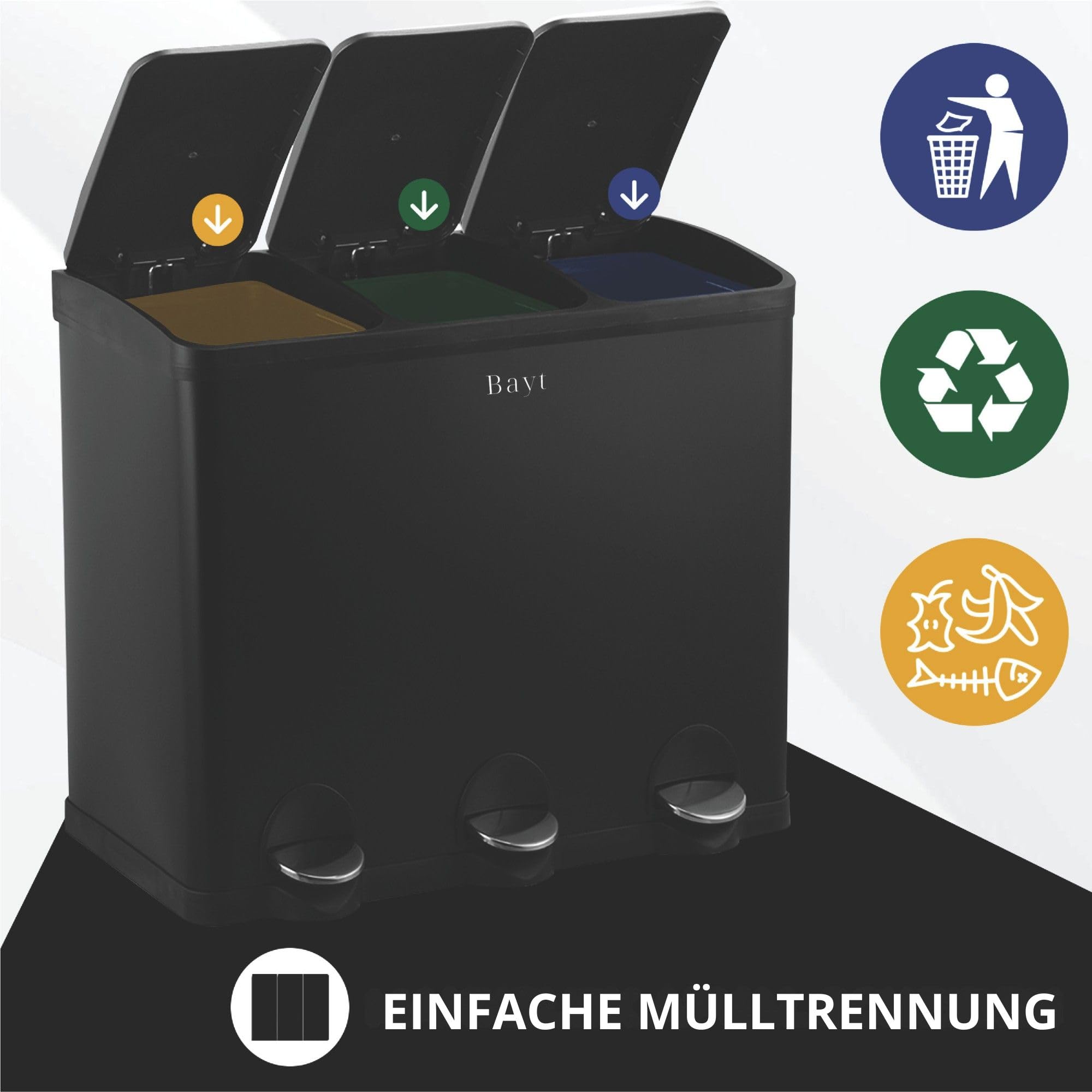 Bayt Mülleimer 60L (3x20L) – Mülltrennsystem 3 Fächer für die Küche – XXL Treteimer aus Edelstahl (Rostfrei) – Geruchsdicht & Fingerabdruckfrei – Inkl. Inneneimer, Schwarz