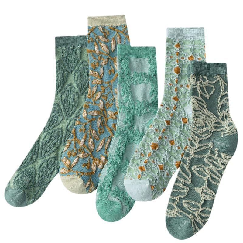 5 Pairs Charming Vintage Embroidered Floral Crew Socks for Women - Combed Cotton Elegance Size5-8