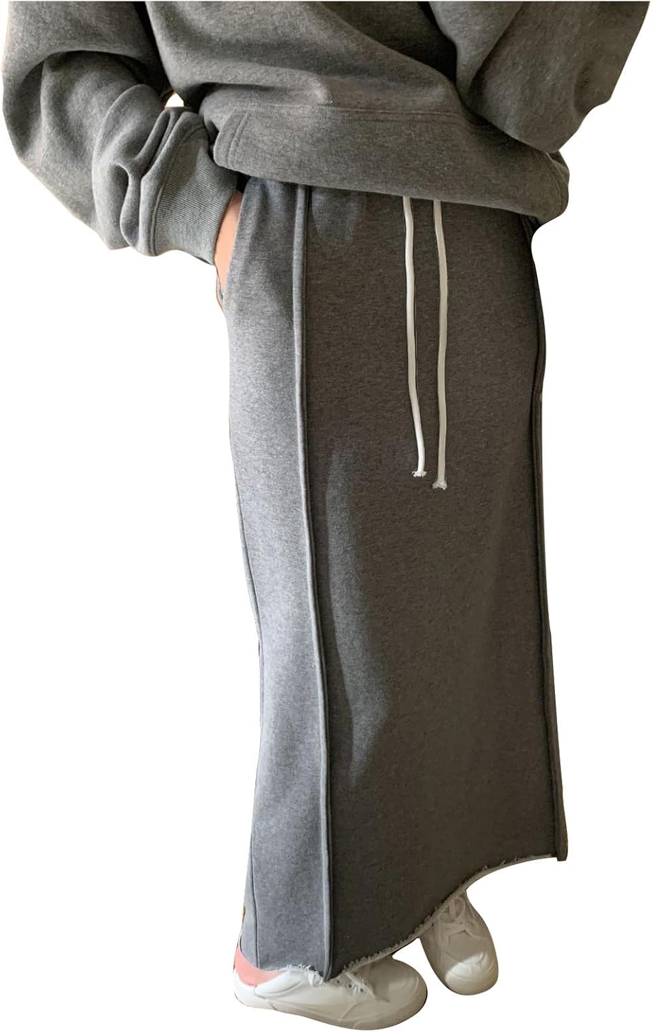 Women's Drawstring Elastic High Waist Sweat Skirts Fashion Fall Casual Solid Color Casual Maxi Long Skirt with Pockets