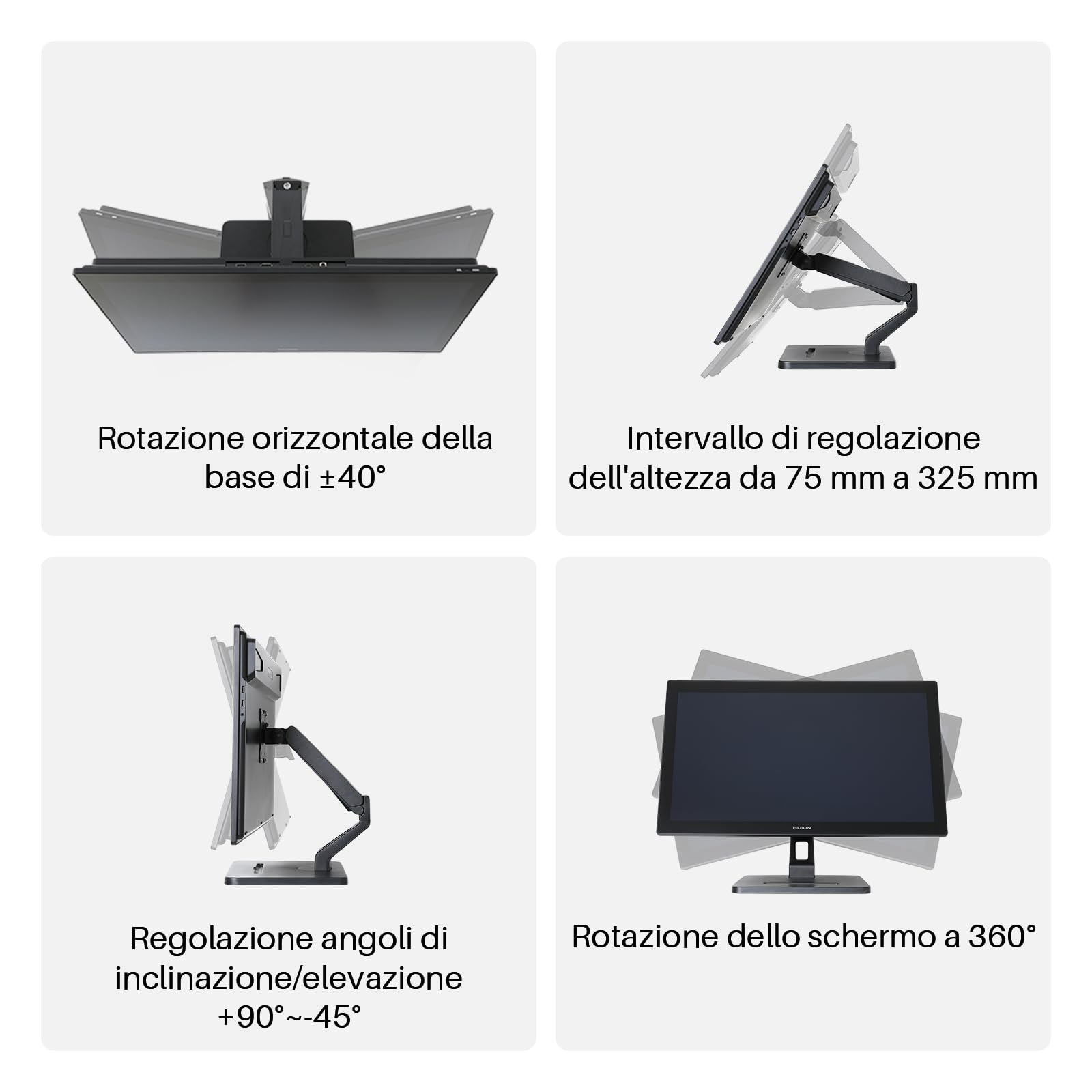 HUION ST500 Supporto Regolabile da Desktop, Piedini in Silicone Antiscivolo, Supporto Stabile, Regolazione Multi-Angolo, Compatibilità VESA, Adatto per Schermi da 17-32 Pollici
