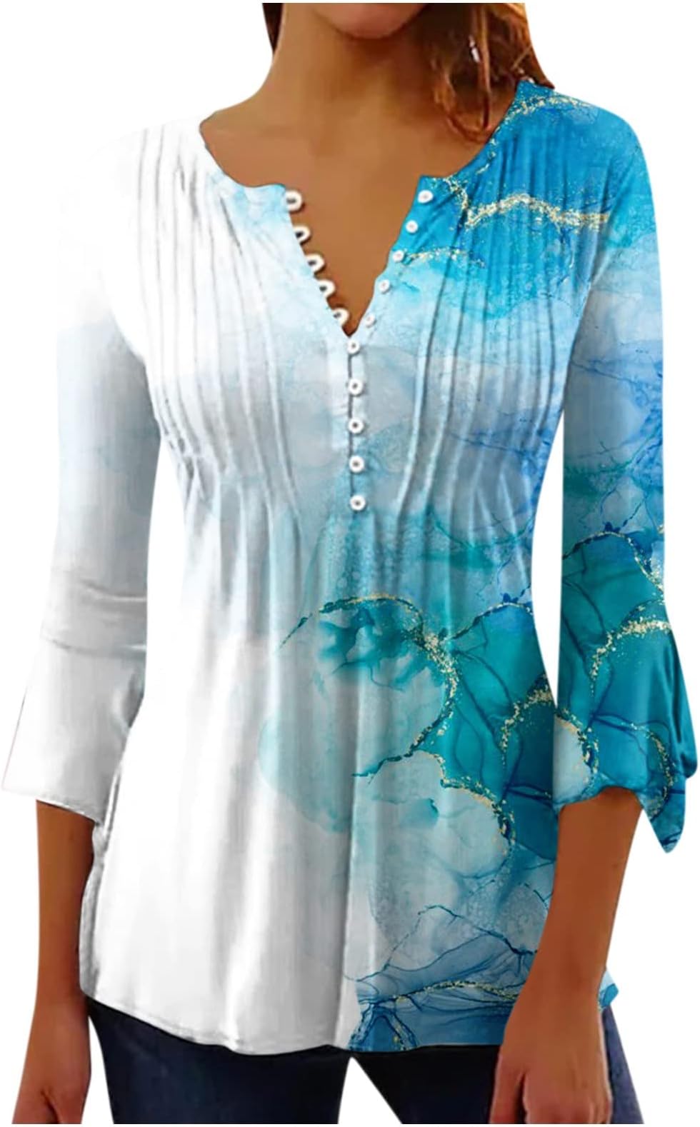 Women's Bell 3/4 Sleeve Button Down Marble Print Henley Tops V Neck Loose T Shirt Pleated Blouse for Leggings