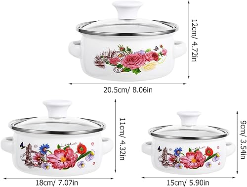 Miniatura 2 de Holibanna Olla de cocina esmaltada con tapa, 3 piezas retro de flores, olla de cocina vintage con asas, olla antiadherente para cocinar a fuego