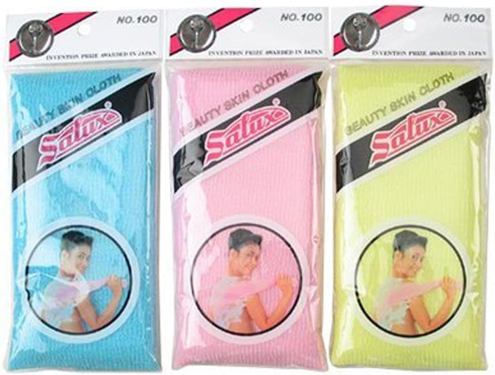 Salux Nylon Japanese Beauty Skin Bath Wash Cloth/Towel (3) Blue Yellow And Pink