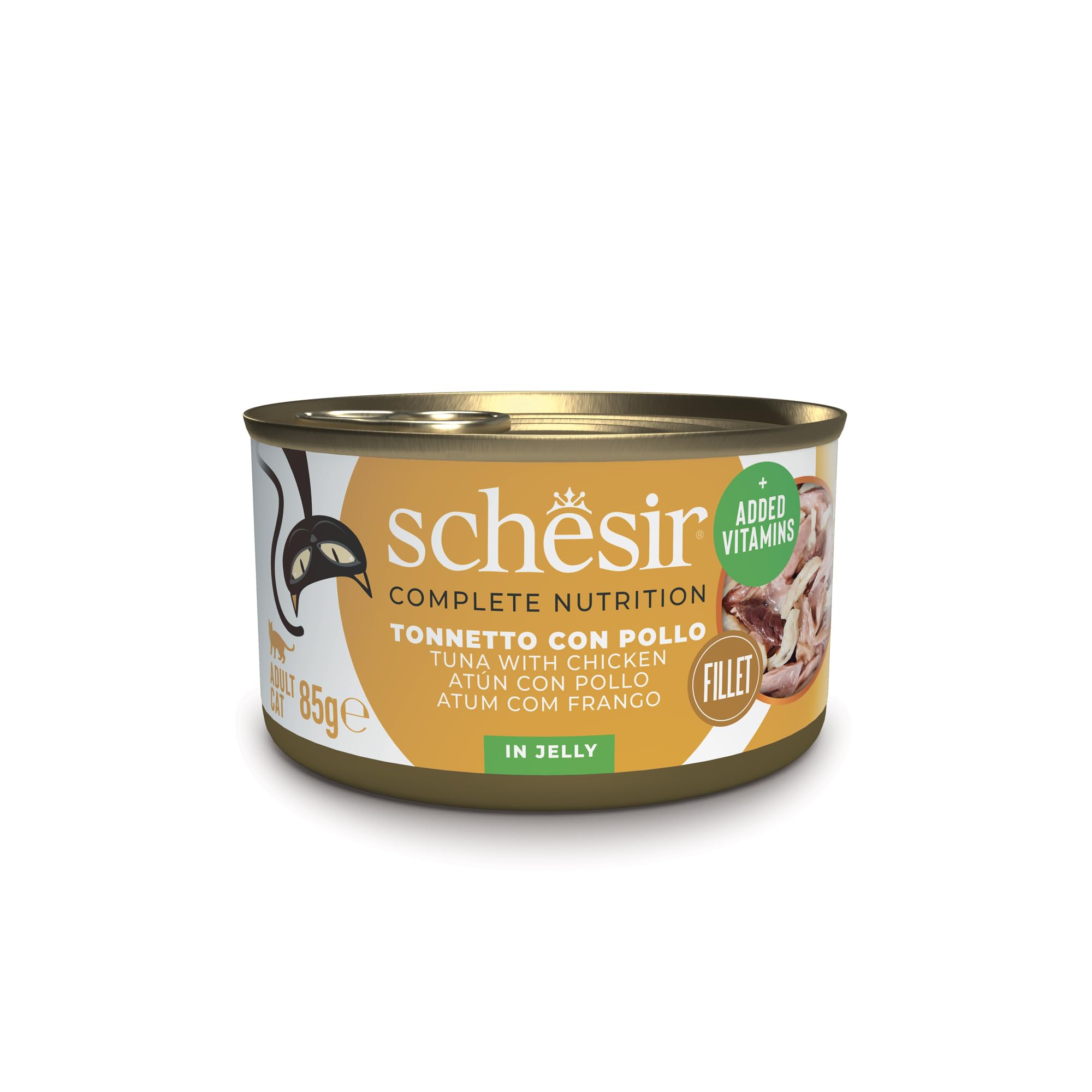 Schesir, Atún con Pollo en Caldo, Alimento Húmedo Complementario para Gatos, en Lata, Ingredientes 100% Naturales, Cruelty Free, 12 x 85g.
