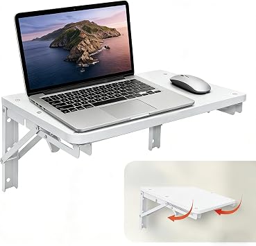 Folding Table Wall Mounted for Small Space, Wooden Wall Shelf for Living Room Bedroom Decor, Home Office Floating Fold Down Desk, Media Shelves with Heavy-Duty Brackets Holds Up to 55lbs, White