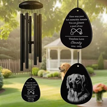 Personalized Sympathy Gift for Loss of Dog, Cat Custom Pet Memorial Wind Chimes - Laser Engraved with Your Pets Photo & Name in Loving Memory, Outdoor Garden Decor