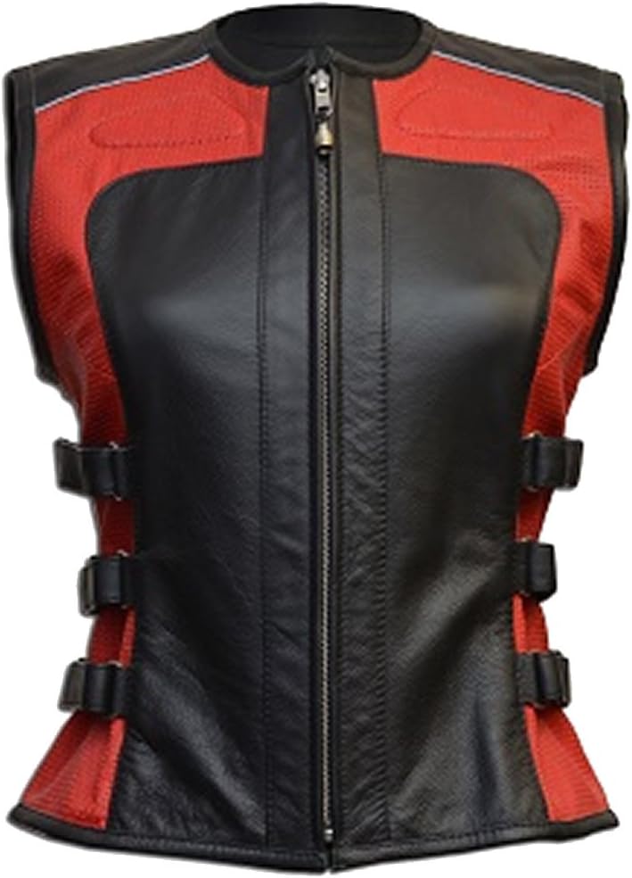 Women's Fashion Red & Black Biker Cow Leather Vest
