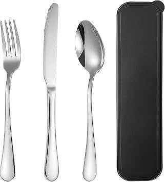 portable utensils set,Portable Flatware with Case 3 Piece Stainless Steel Knife, Fork, Spoon Reusable Utensils,Travel Silverware Set,Camping utensils,Office ,Camping kit for Lunch Box Silver