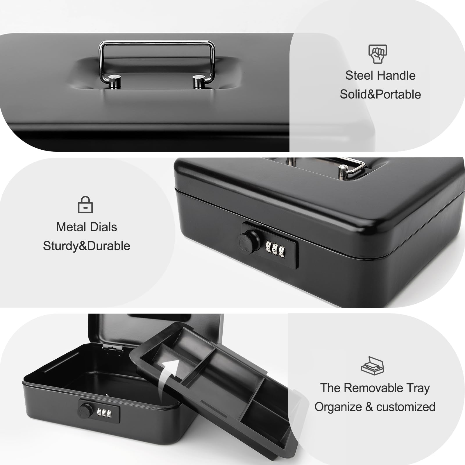 Jssmst Caja de dinero grande con cerradura de combinación, caja de metal duradera con bandeja de dinero negra (9.8 x 7.9 x 3.5), SM-CB07001L