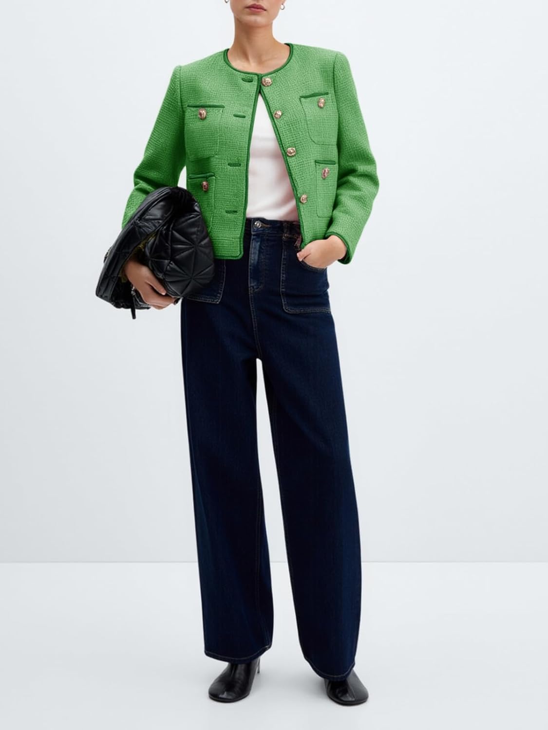 Cicy Bell Tweed Blazers for Women 2025 Collarless Button Down Womens Cropped Jackets - Image 6