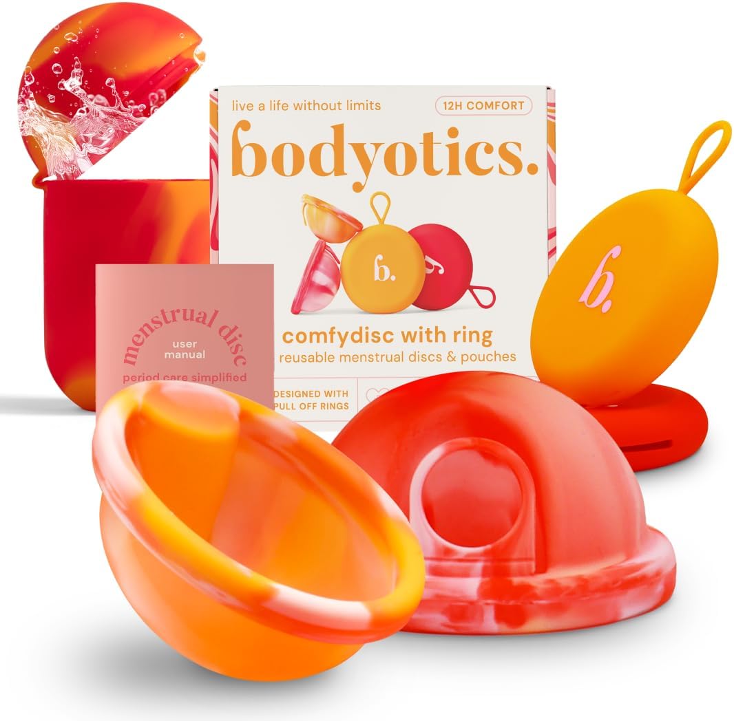 Reusable Menstrual Discs (S & L) and Multipurpose Sterilizer Case Bundle – Reusable Disc Set with Portable Silicone Cleaning & Storage Container (Red & Orange Discs)